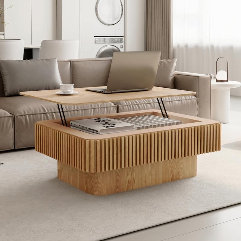 Contemporary Fluted Wood Grain Design Coffee Table with Storage,Adjustable Height,for Living Spaces - Natural Wood