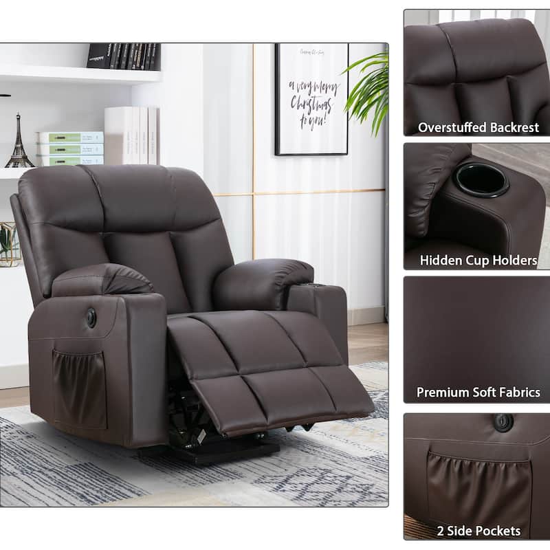 Oversized Power Lift Recliner Chair for Elderly, Faux Leather Lift Chair with Heated and Massage, Single Sofa with 2 Cup Holders