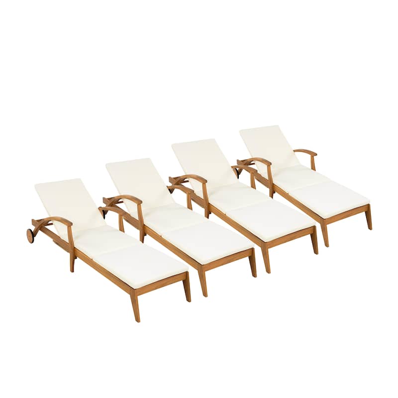 Wood Outdoor Chaise Lounge Chair with Wheels and Cushion, Adjustable Backrest for Patio Garden Poolside