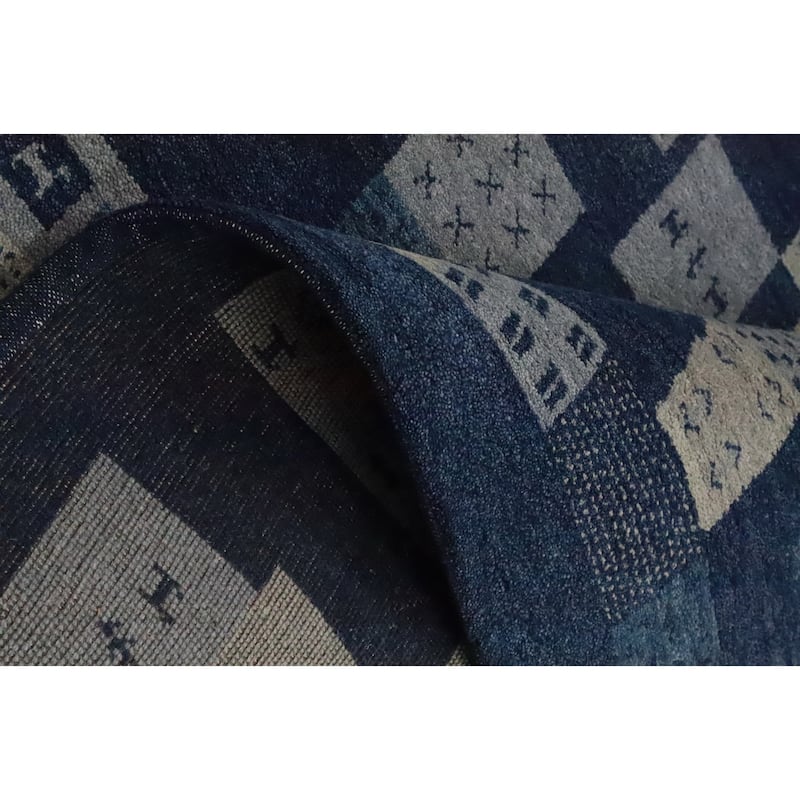 Hand Knotted Oriental 100% Wool Carpet Modern Geometric Navy Blue & Blues Gabbeh Area Rug - 7' 10'' X 5' 4''
