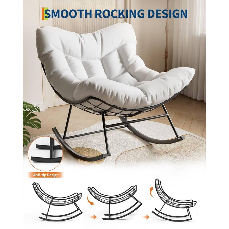 Outdoor Papasan Rocking Chair, Oversized Rocking Chair with Sturdy Metal Frame, Patio Rattan Egg