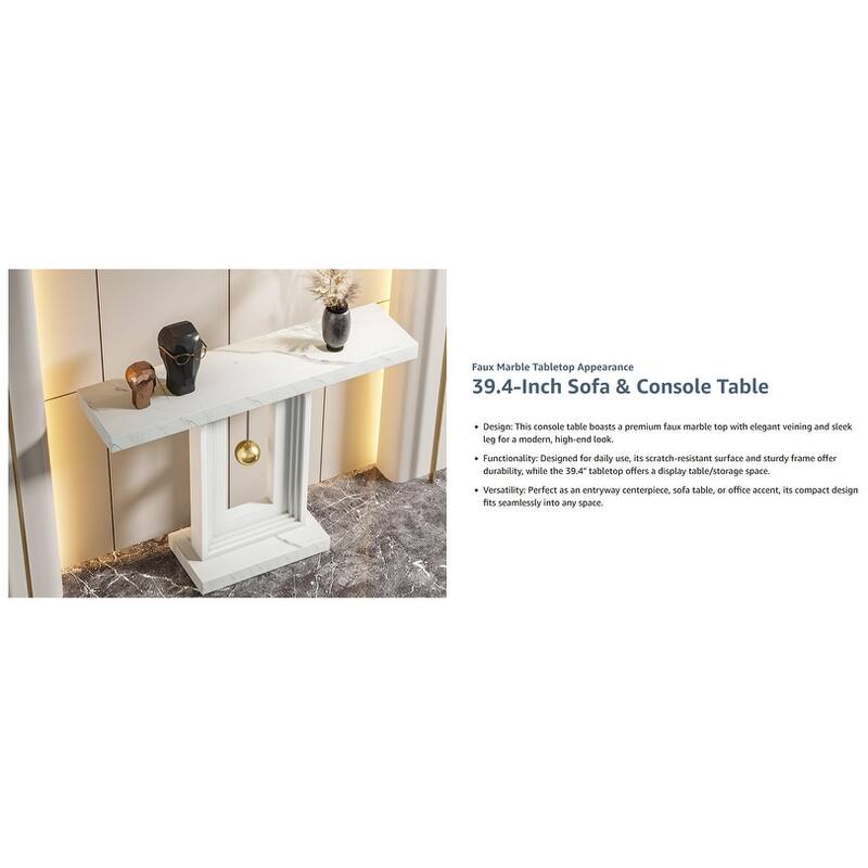 Modern Console Table with Geometric Base, 40 inch Narrow Sofa Entryway Table with Gold Decor, Contemporary Wood Accent Table