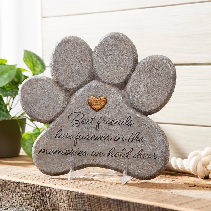11" Paw Shaped Pet Memorial Garden Stone, Best Friends Live Forever