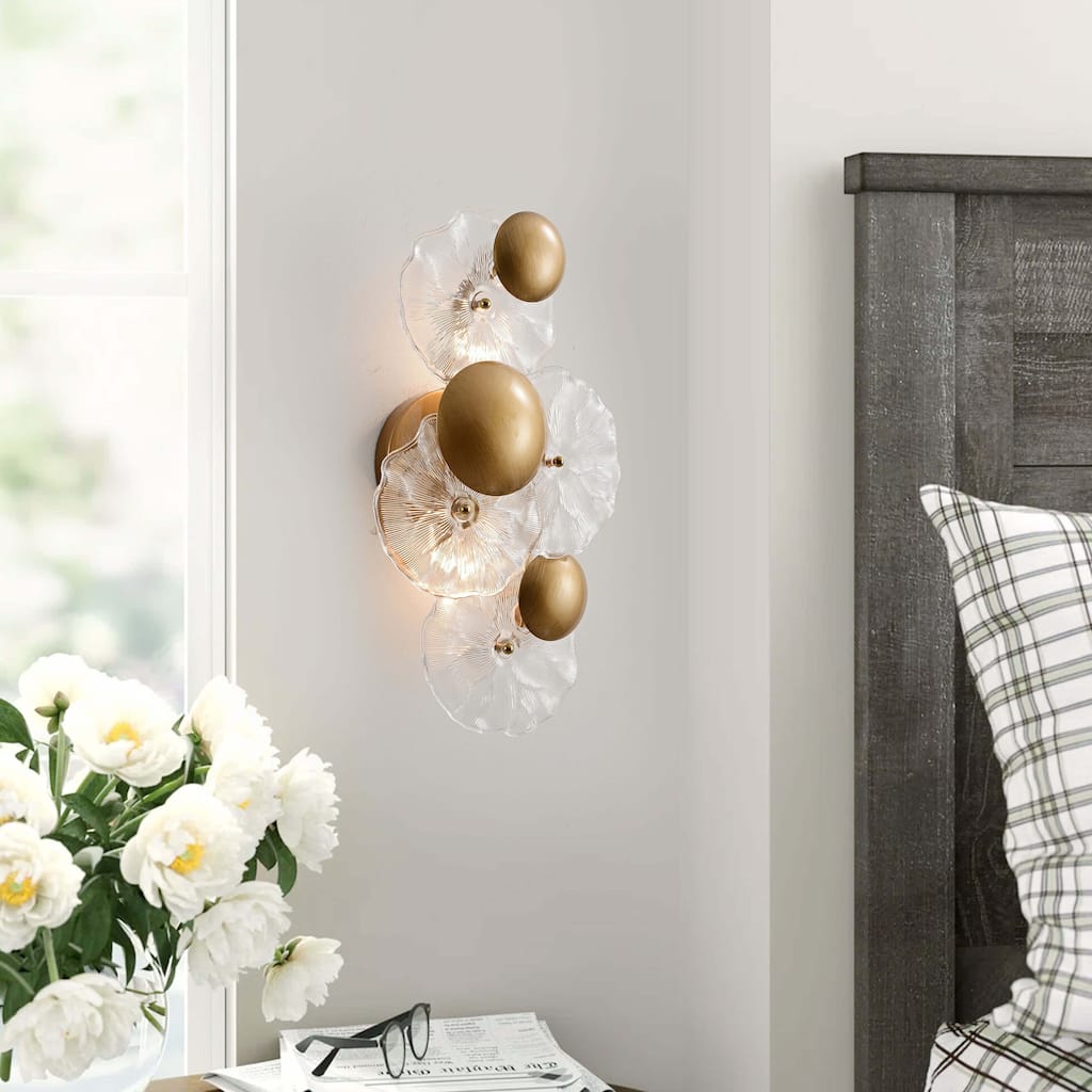 Frieda 2-Light Brushed Brass Glass Flower Wall Sconce - 9" W x 16" H x 5.5" D