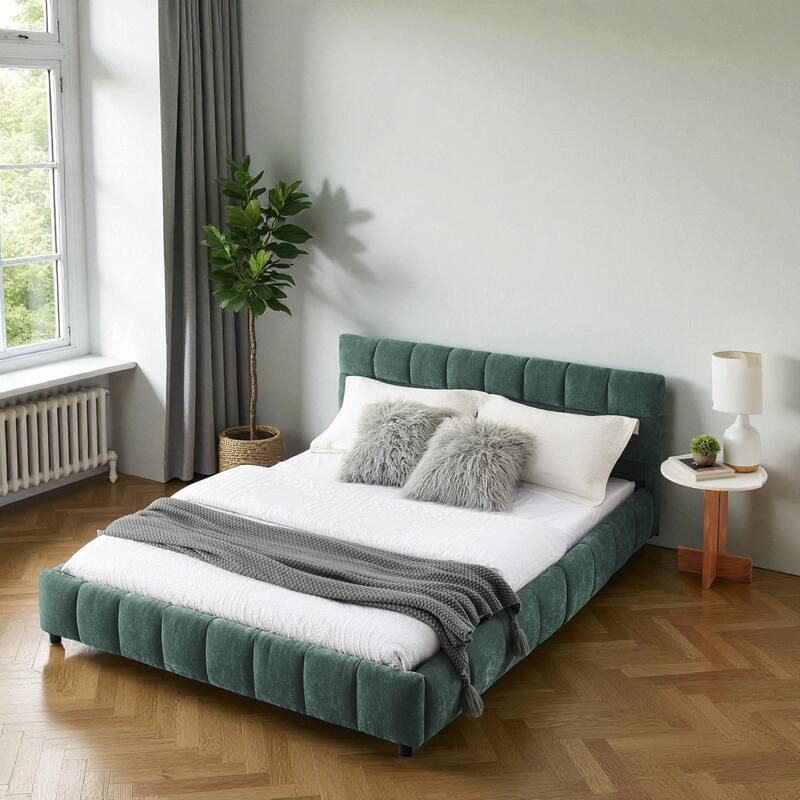 Queen Upholstered Platform Bed with Chenille Fabric, Soft Headboard & Underbed Storage Drawer, Solid Bed Frame