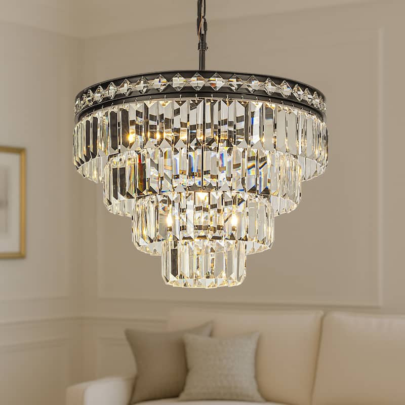 18'' Modern Classic Crystal Chandelier With Matte Black Finish 4-Light Tiered Pendant Ceiling Light For Dining Room Bedroom