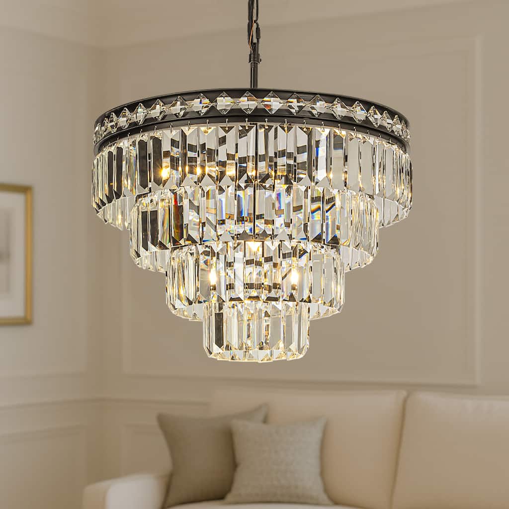 18'' Modern Classic Crystal Chandelier With Matte Black Finish 4-Light Tiered Pendant Ceiling Light For Dining Room Bedroom