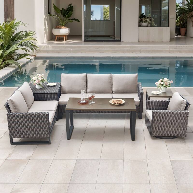 Gymojoy 6 Person Outdoor Patio Wicker Conversation Set Group With Swivel Chairs - Brown Wicker / Beige Cusion - 6-Piece