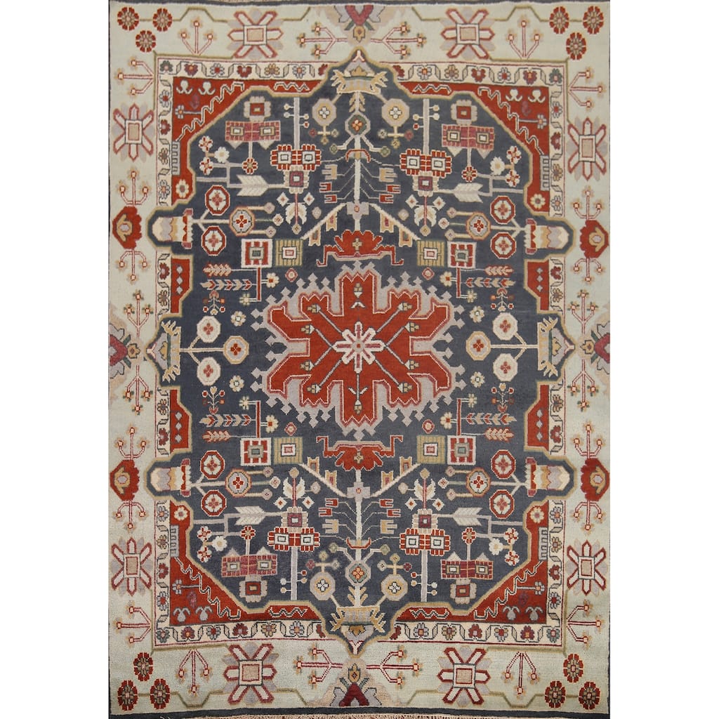 Blue Geometric Heriz Serapi Indian Area Rug Handmade Wool Carpet - 8'0"x 9'9"