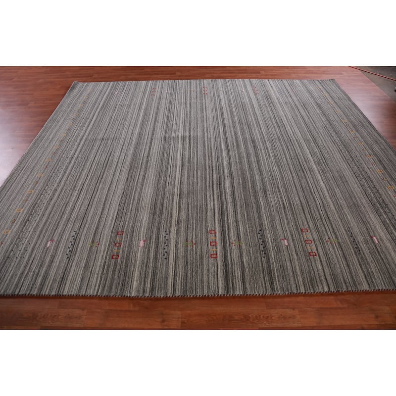 Hand Knotted Oriental 100% Wool Carpet Tribal Stripe Greys & Charcoal Gabbeh Area Rug - 9' 7'' X 8' 1''