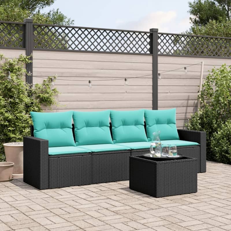 vidaXL Patio Sofa Set with Cushions Outdoor Conversation Furniture Poly Rattan - 25.8" x 24.4" x 27.2" - Black and blue with table