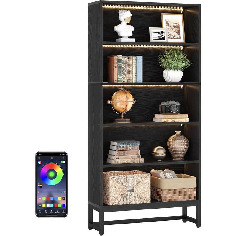 70.8" Tall Bookcase 5-tier Black Bookshelf with LED Lights for Home