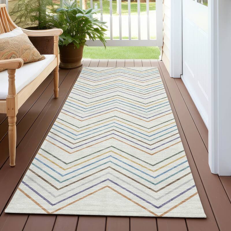 Machine Washable Indoor/ Outdoor Modern Chevron Chantille Rug - Seaside - 2'3" x 7'6"