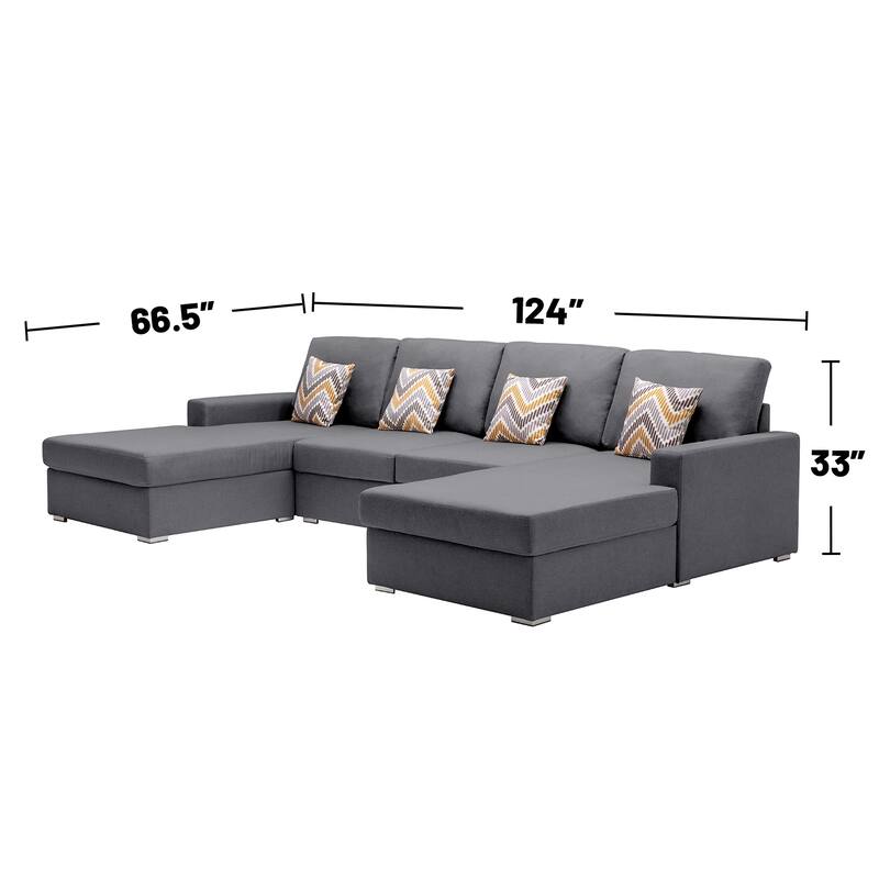 Linen Fabric 4 Piece Double Chaise Sectional Sofa with 4 Pillows and Interchangeable Legs