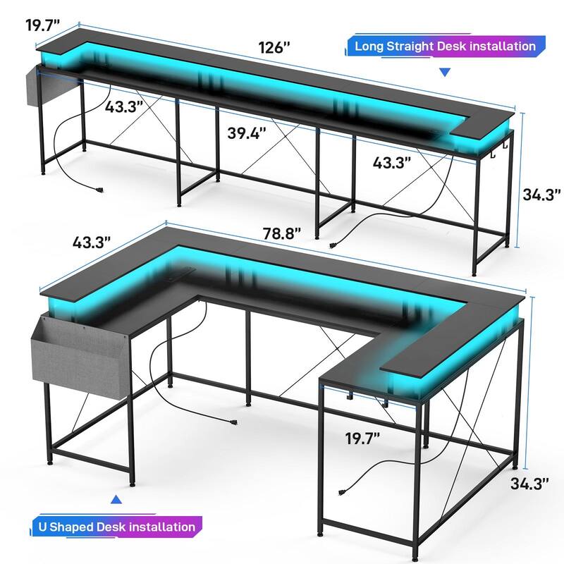 79" U Shaped Gaming Desk with Monitor Stand and LED Lights
