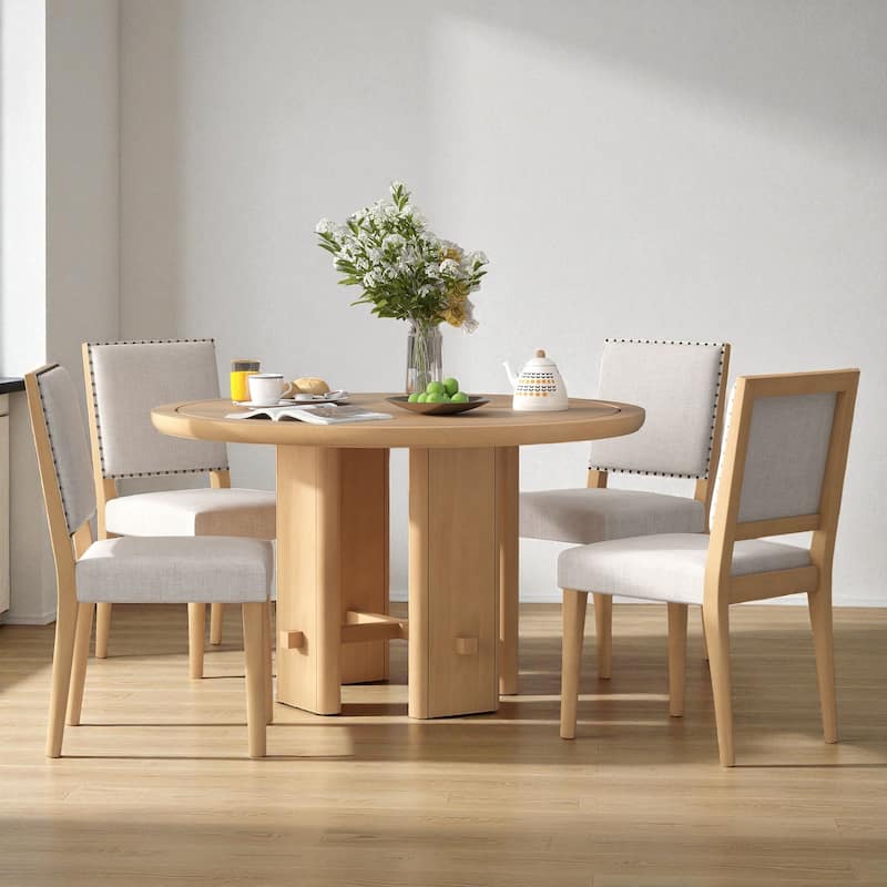 5-Piece Round Farmhouse Dining Table Set, 46.9" Wood Table with 4 Upholstered Chairs, Modern Rustic Kitchen Furniture