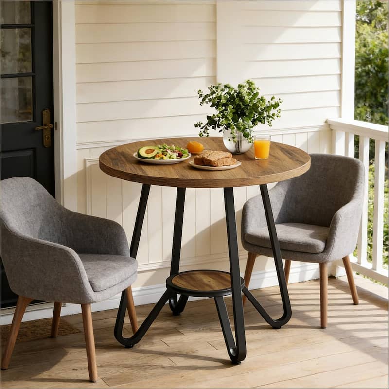 Round Dining Table with Storage Shelf, Home Office Table Meeting Table, Kitchen Table with Metal Base
