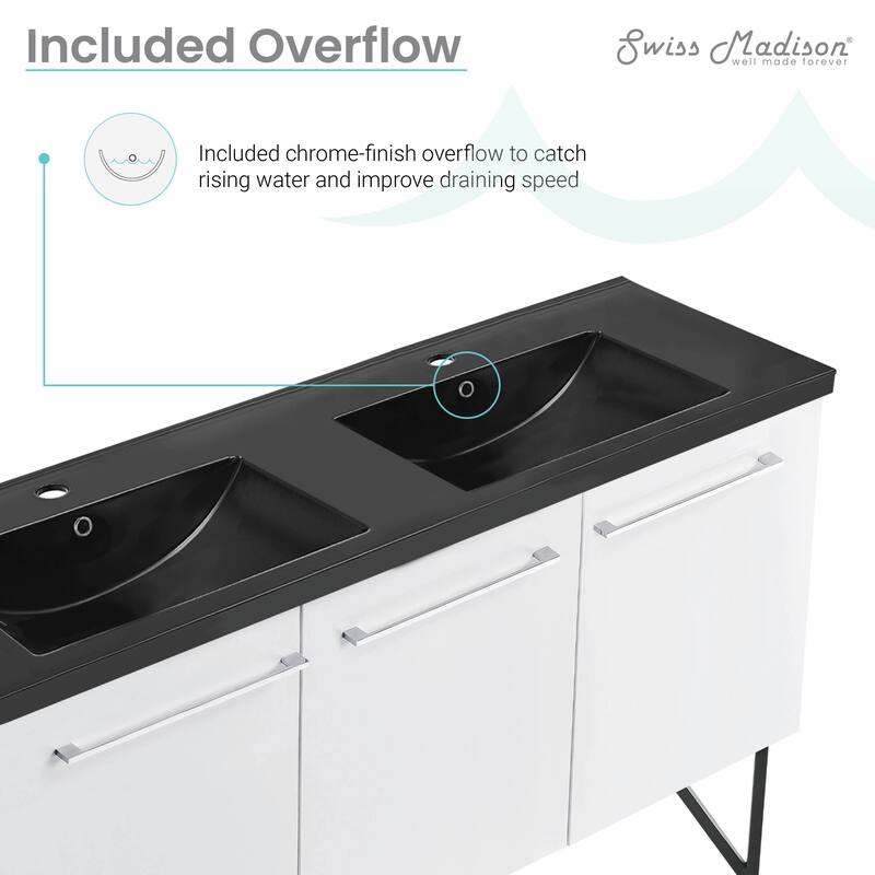 Annecy 60 In. White, Double Basin Bathroom Vanity With Black ArtificialStone Sink Top