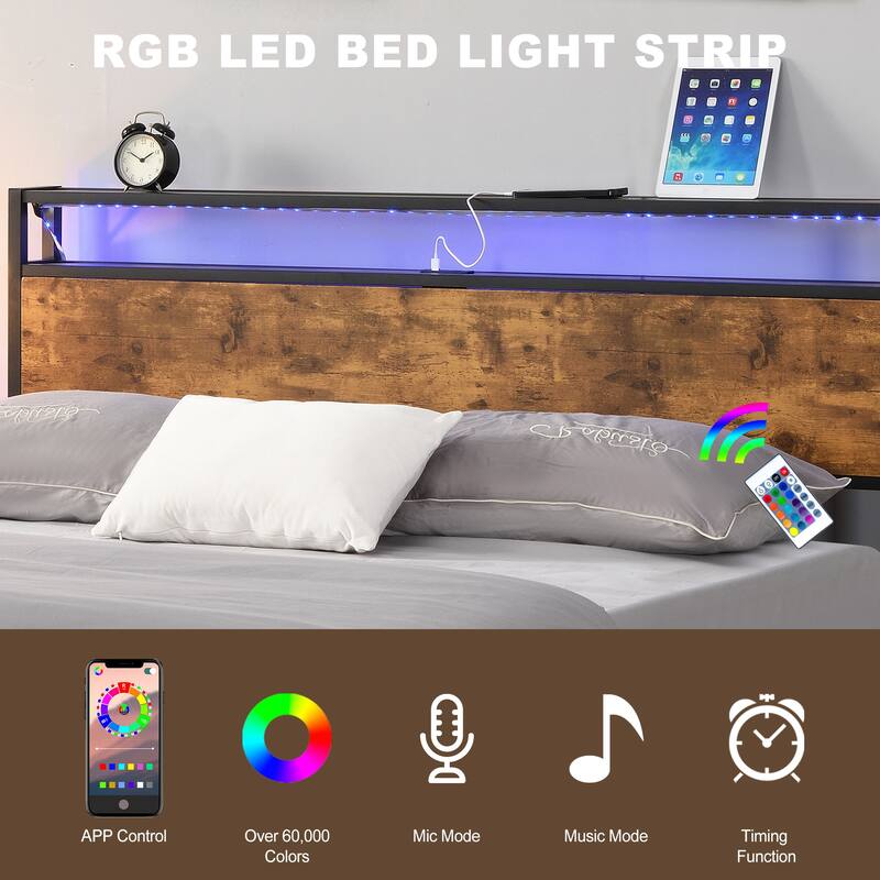 Noise Free Metal/Wood Platform Bed Frame with 2 USB Ports, Modern Industrial LED Lights Headboard Bed Frame with Shelf