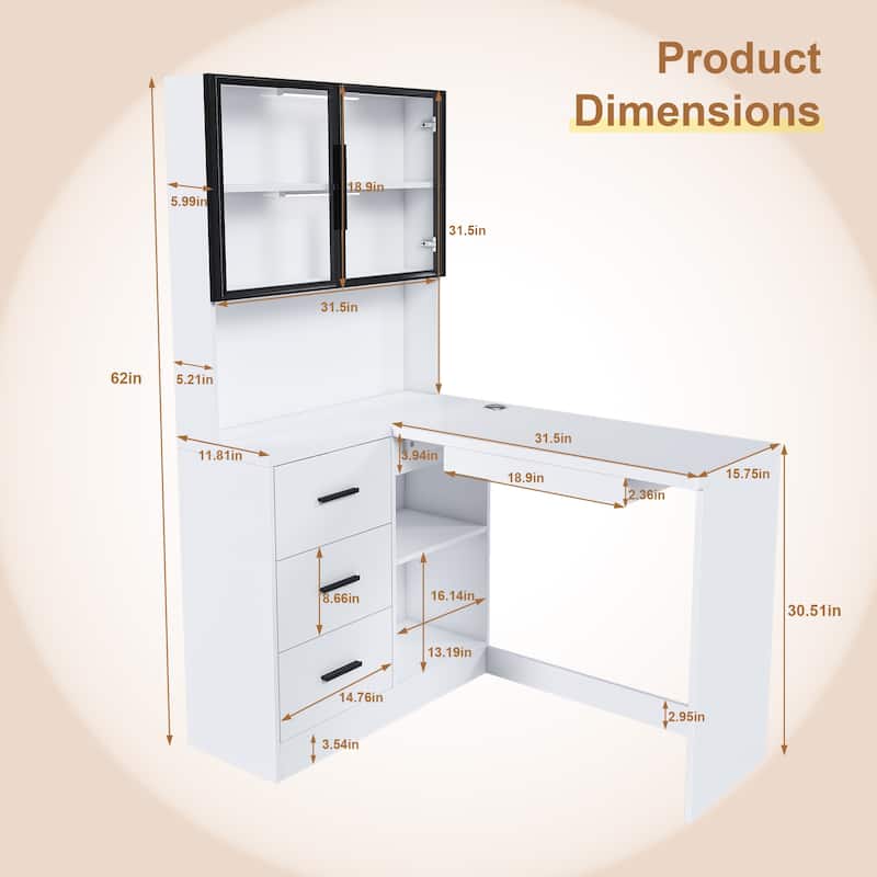 Executive Desk with Glass Cabinets & Built-In LED Lights, L-Shaped Corner Computer Desk, Writing Desk with USB Charging Ports