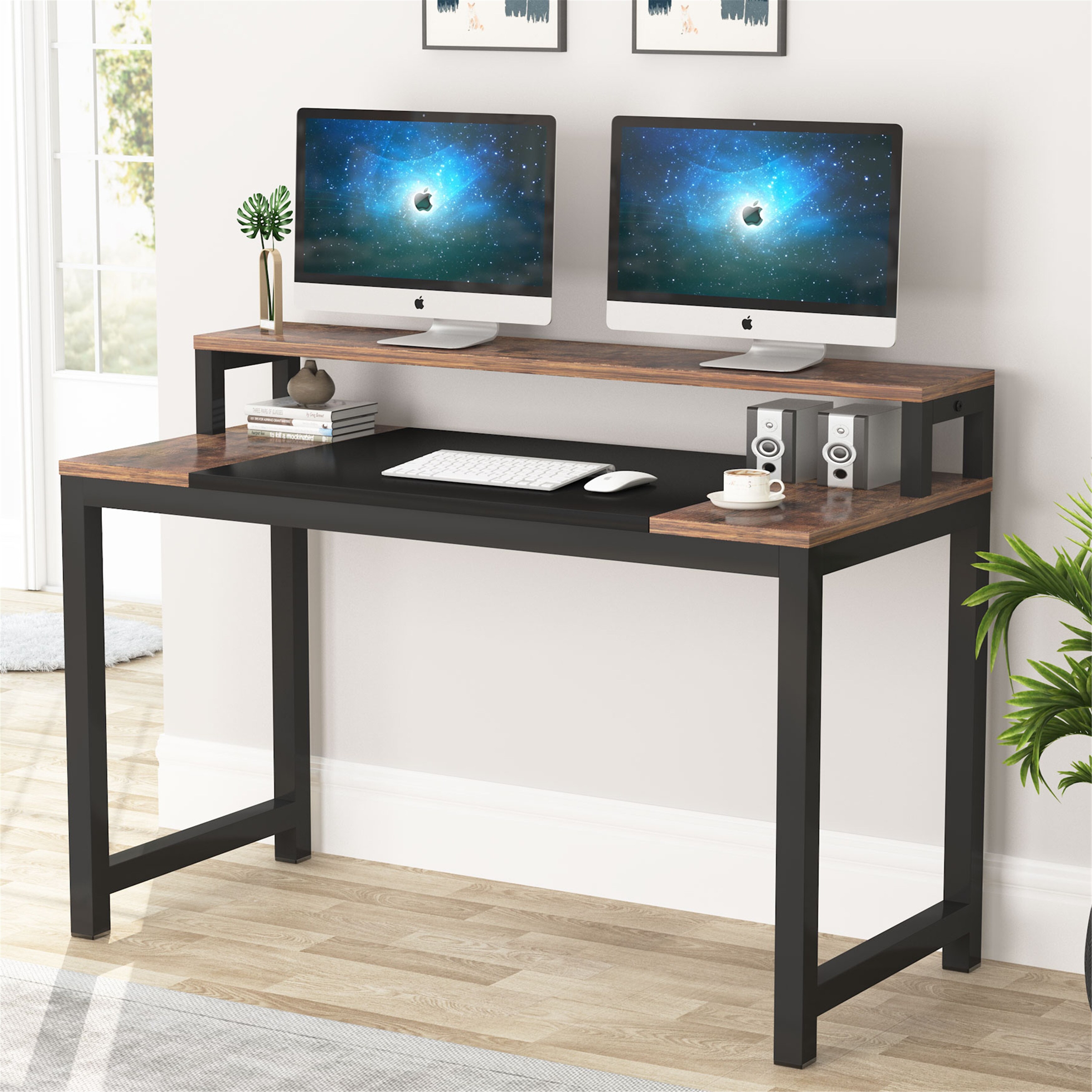 47 x 24 x 29 Inch FunDiscount Home Office Computer Desk with One-Tier Storage Shelves Modern Large Wood Top Student Studying Writing Desk Workstation Under Laptop Table Bookshelf 