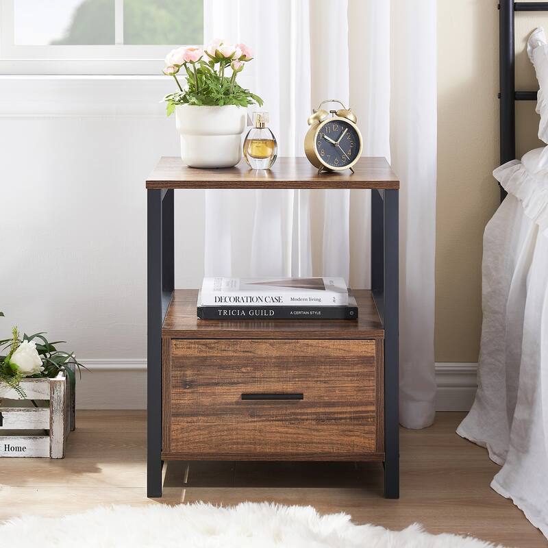 Javlergo Nightstand with Drawer, Bedside Table End Table for Bedroom Dorm Nursery Living Room, Open Storage Shelf