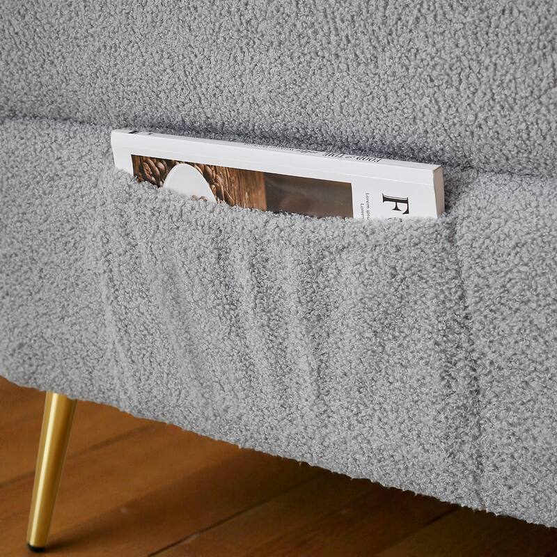 Modern Teddy Loveseat Sofa with Side Pocket, Folding Sleeper Sofa Bed with Adjustable Backrest and Golden Metal Legs