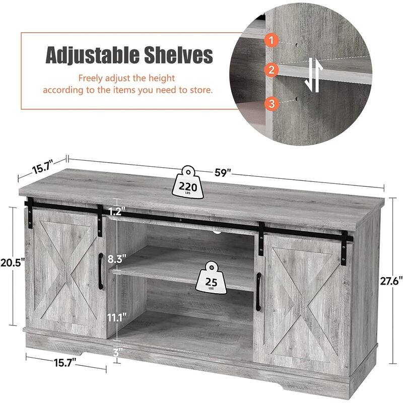 TV Stand for 65" TV with Barn Doors, Storage and Shelves