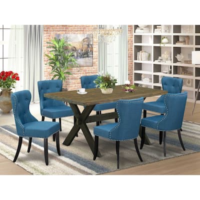 HomeStock 7-Piece Rectangle Distressed Jacobean Finish Solid Wood Top Dining Table with 6-Parson Chairs