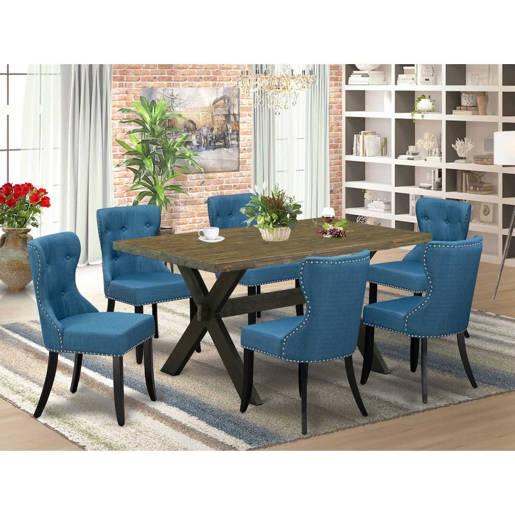 HomeStock 7-Piece Rectangle Distressed Jacobean Finish Solid Wood Top Dining Table with 6-Parson Chairs