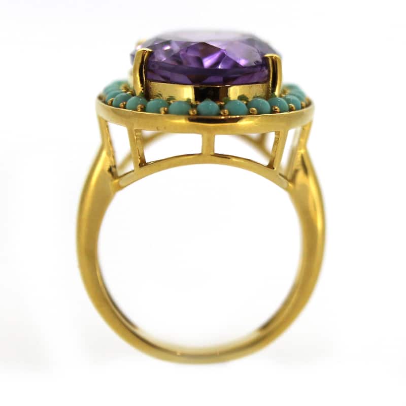 18K Yellow Gold Over Sterling Silver African Amethyst, Campitos Turquoise Ring