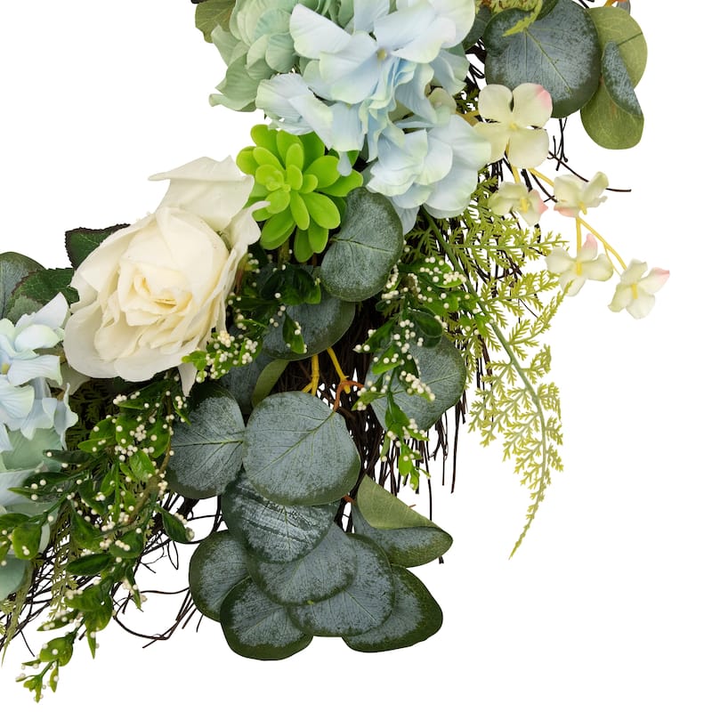 Hydrangea Rose Geranium Artificial Floral Spring Wreath White Blue 24"