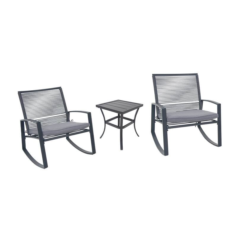 Domi Outdoor 3-Piece Wicker Rocking Chair Set, Patio Conversation Set with Removable Textilene Cushions & Metal Coffee Table