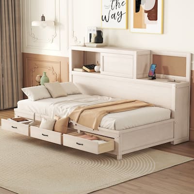 Twin Size Wooden Daybed with 3 Storage Drawers,Upper Soft Board and USB Ports for Bedroom