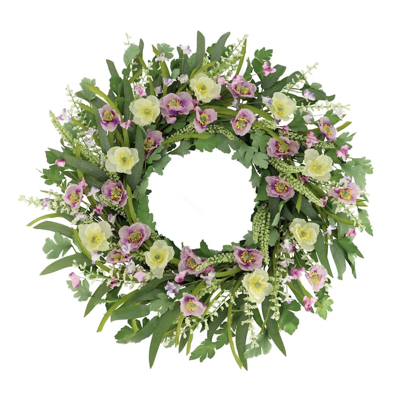 Poppy Floral Artificial Spring Wreath - 24" - Yellow and Purple