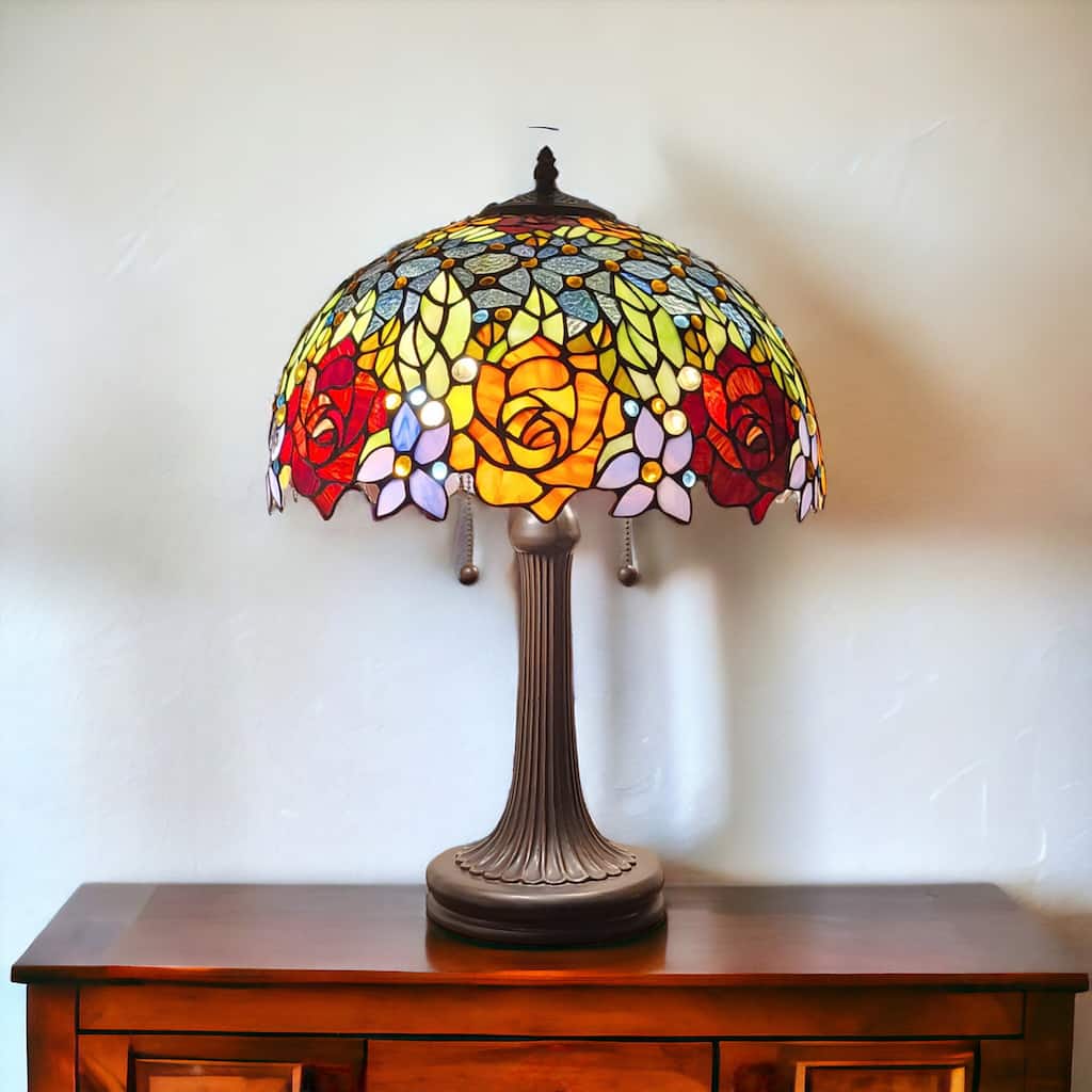 HomeRoots 23" Stained Glass Two Light Jeweled Flowery Accent Table Lamp - 21 x 24 x 12