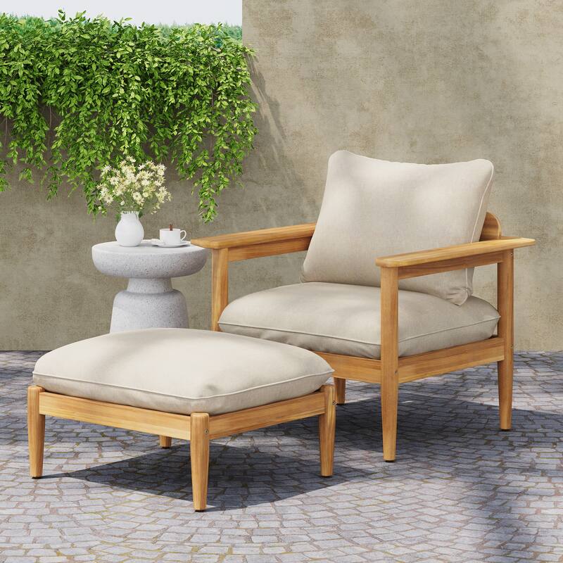 Roomfitters Terassi Outdoor Lounge Chair with Ottoman Acacia Wood Cushioned Patio Seating, Light Teak Beige