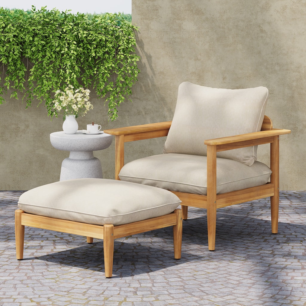 Roomfitters Terassi Outdoor Lounge Chair with Ottoman Acacia Wood Cushioned Patio Seating, Light Teak Beige