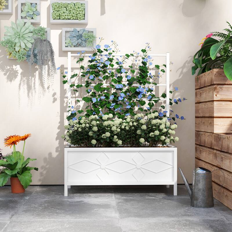 Outsunny Galvanized Raised Garden Bed with Trellis, Outdoor Planter Box for Climbing Vines Vegetables Flowers, Metal Garden Box