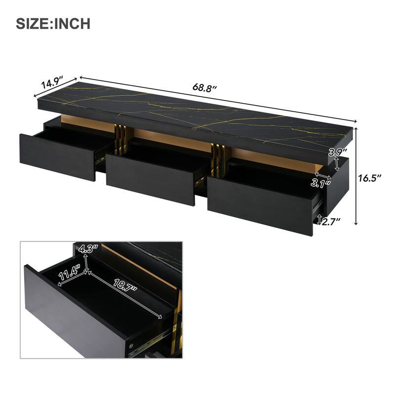 68" TV Stand with Drawers, Faux Marble Top & Gold Panel for TVs Up to 78"