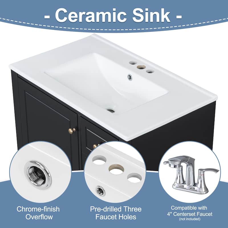 30" Bathroom Vanity w/Ceramic Sink and One-Door Shelf, Water-Resistant Wood One Cabinet Vanities w/ 3 Drawers & Soft Close Door
