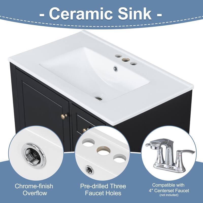 30" Freestanding Bathroom Vanity with Sink, One Door Cabinet and 3 Drawers, Solid Wood Frame & MDF Board