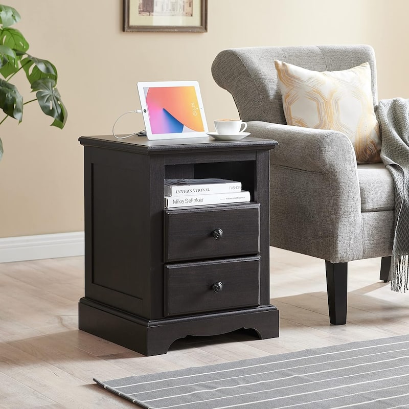 Vintage Wood Nightstand with Charging Station, End Table, Side Table