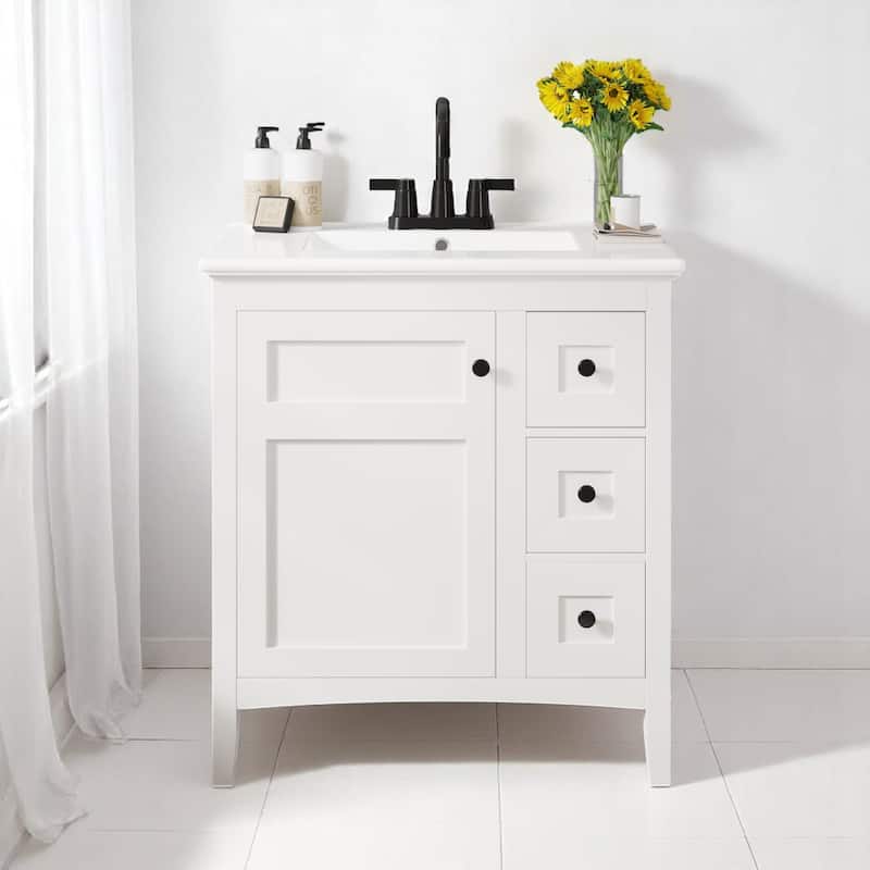 Modern 30 Inch Bathroom Vanity with Porcelain Countertop, 3 Drawers, Solid Wood and MDF Storage Cabinet
