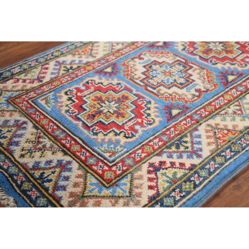 Geometric Blue Kazak Oriental Accent Rug Hand-Knotted Wool Carpet - 2'1"x 2'10"