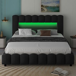 Queen Size Upholstered Platform Bed with LED and Large Underneath Storage