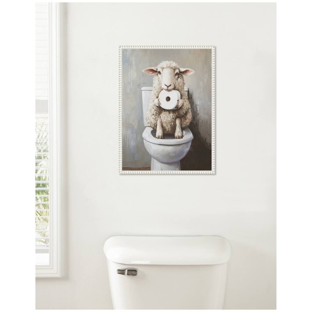 Kate and Laurel Sylvie Cute Sheep Holding Toilet Paper Roll Toilet Bathroom Art Framed Canvas by The Creative Bunch Studio