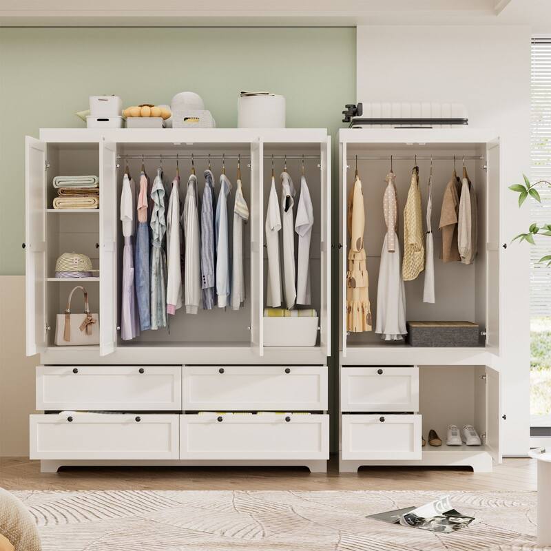 Gyomojoy Large White Wardrobe Closet with Drawers & Doors, Modular Armoire with Hanging Rods, Apartment & Dorm Storage