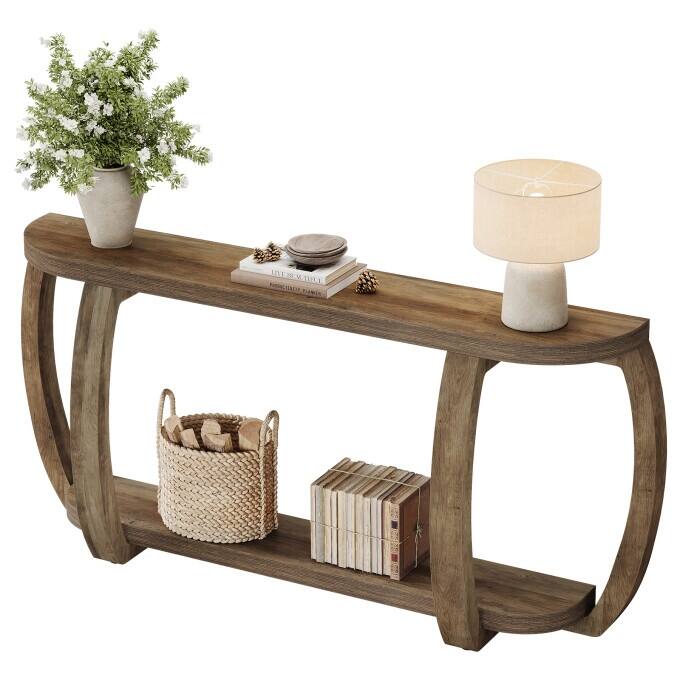 63-Inch Wooden Console Table, Rustic Entryway Table with Curved Legs