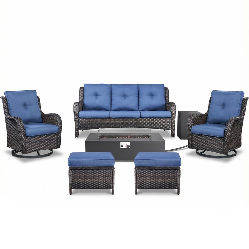 Pocassy Patio 5/7 Piece Sofa Swivel Chair Ottoman with Fire Pit Table